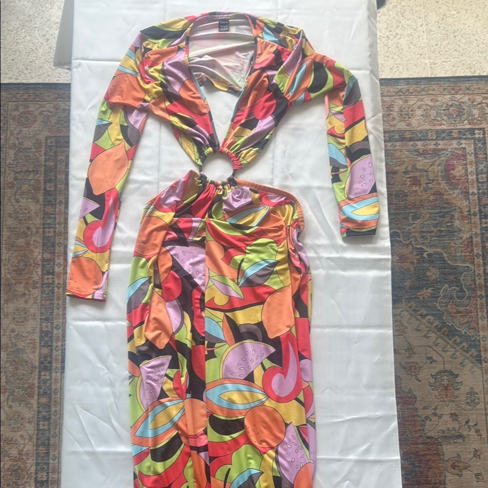 SHEIN Pink and Yellow Asymmetrical Ruffled Wrap Dress